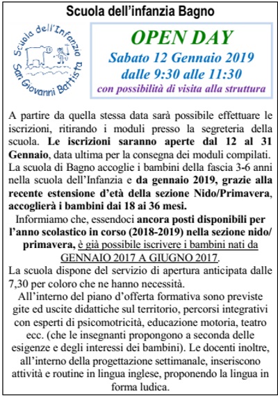 Scuola Infanzia Bagno - Open Day e iscrizioni 2019